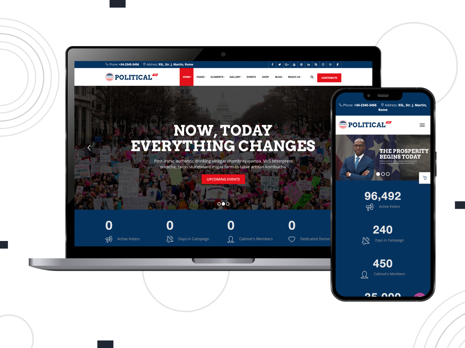 Illustration of PoliticalWP - ready-made & interactive theme for politicians with diverse gallery designs in red, white, and midnightblue color gradation.