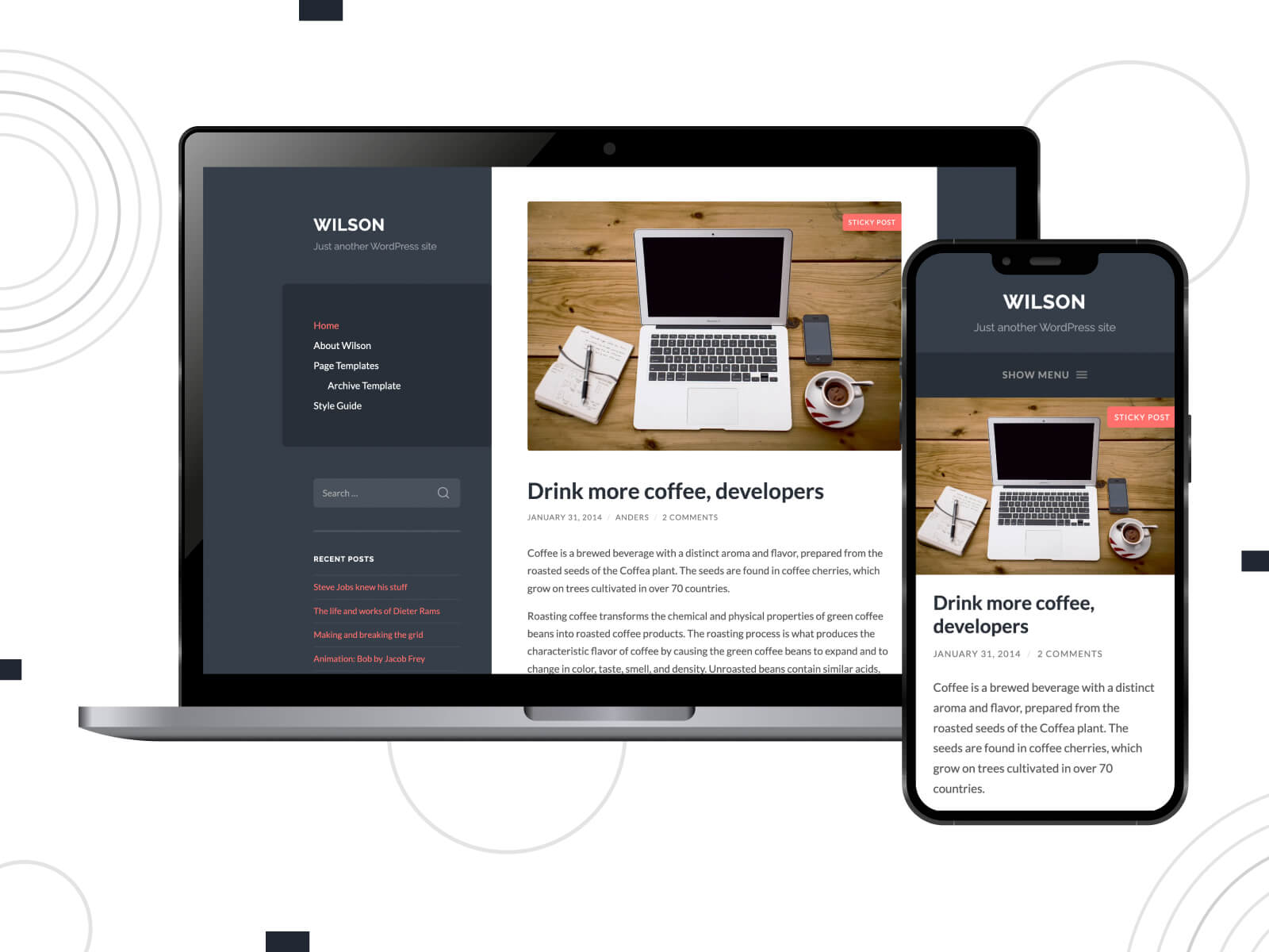 Collage of Wilson - luminous, inviting, dynamic theme for Medium-inspired WordPress journals in dim gray, saddle brown, and peru color gradation.