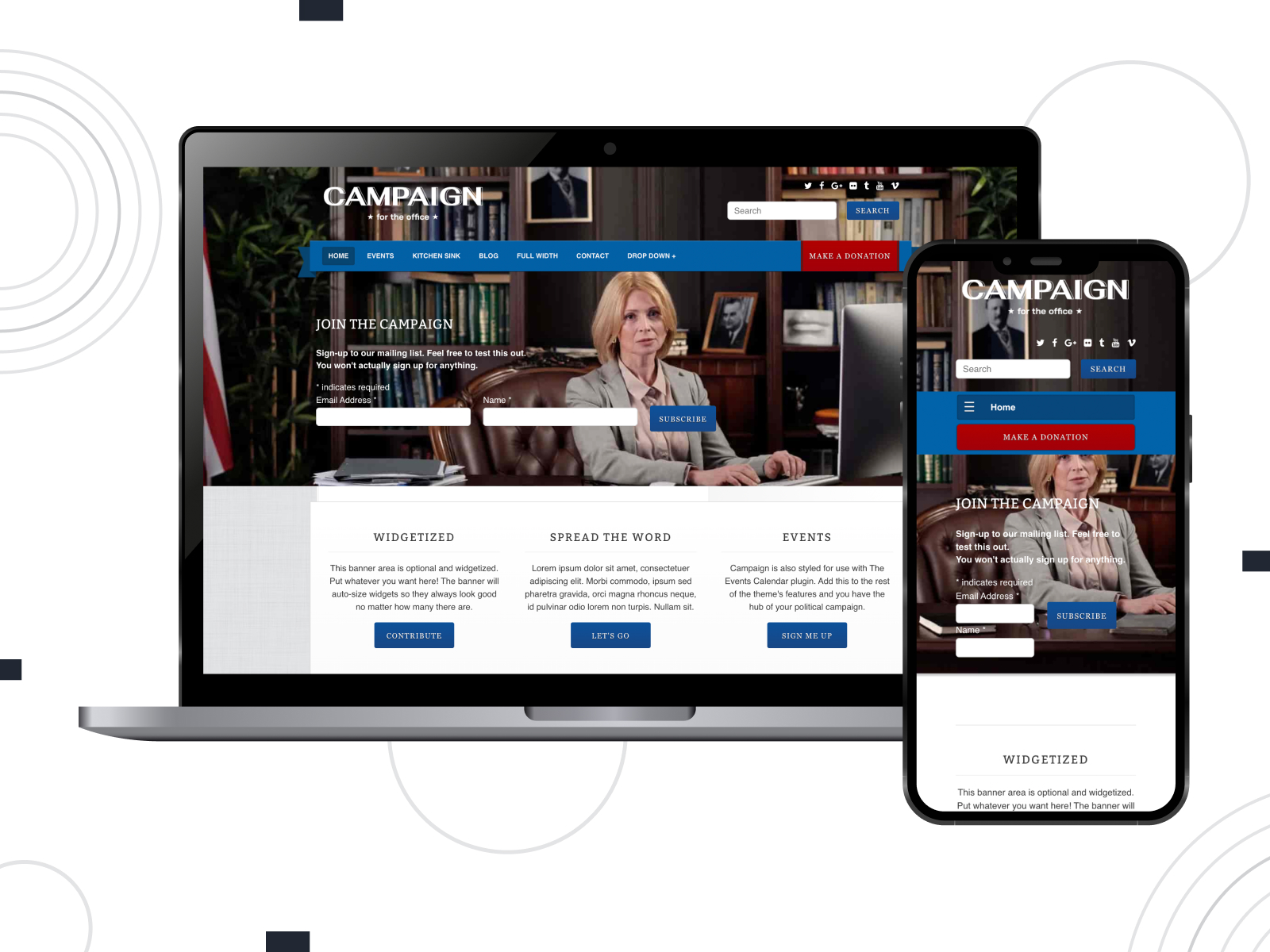 Image of Campaign - informative and outstanding theme for political websites with event calendar functionality in royalblue, maroon, and white shade combination.