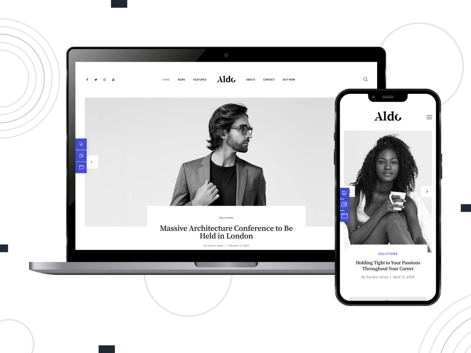 Snapshot of Aldo - luminous, calm, fast-loading theme for Medium-like WordPress sites in slate gray, and royal blue color scheme.