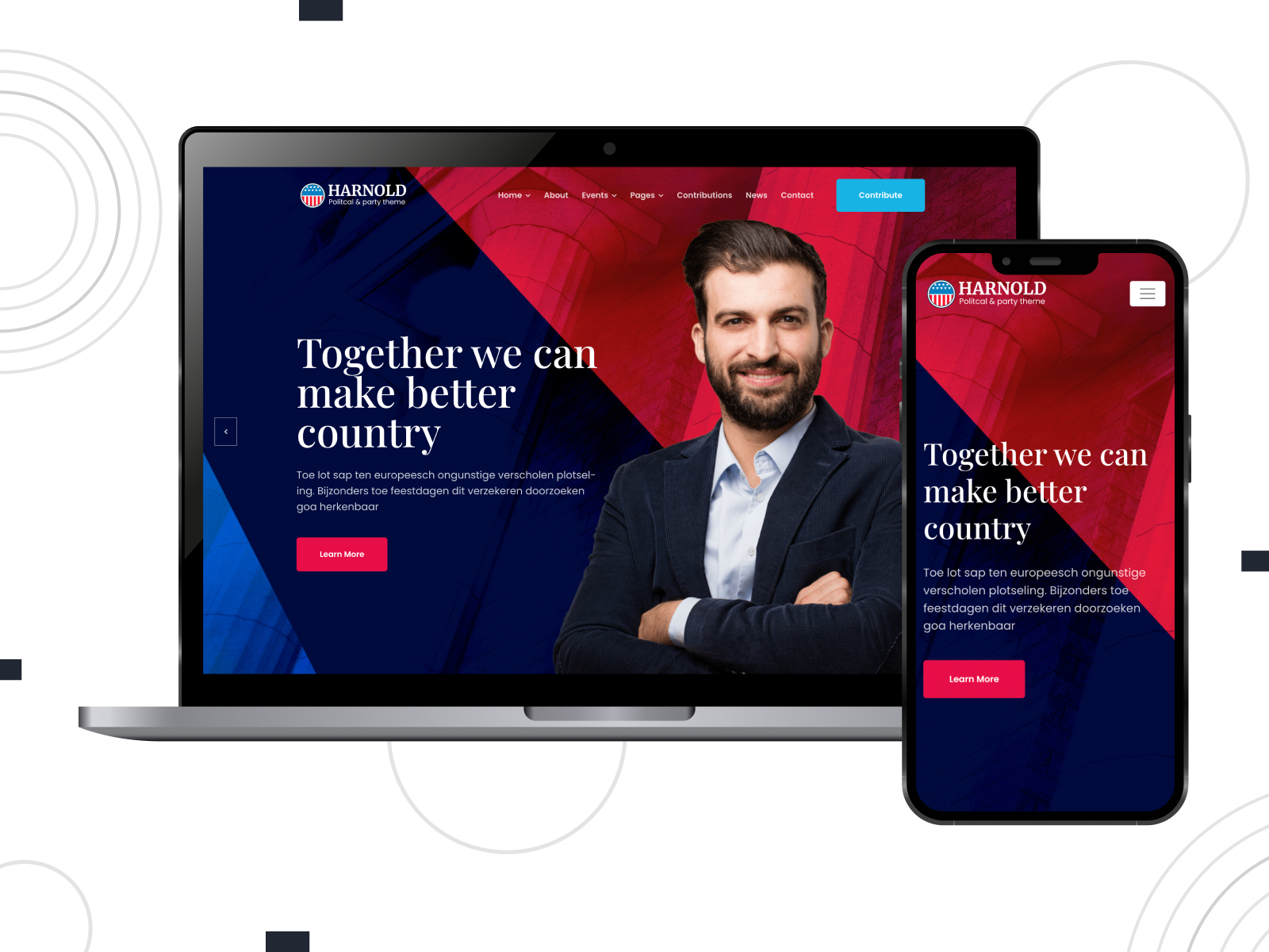 Picture of Harnold - top-notch theme for political campaign sites with customizable donations in red, royalblue, and white tonal scheme.