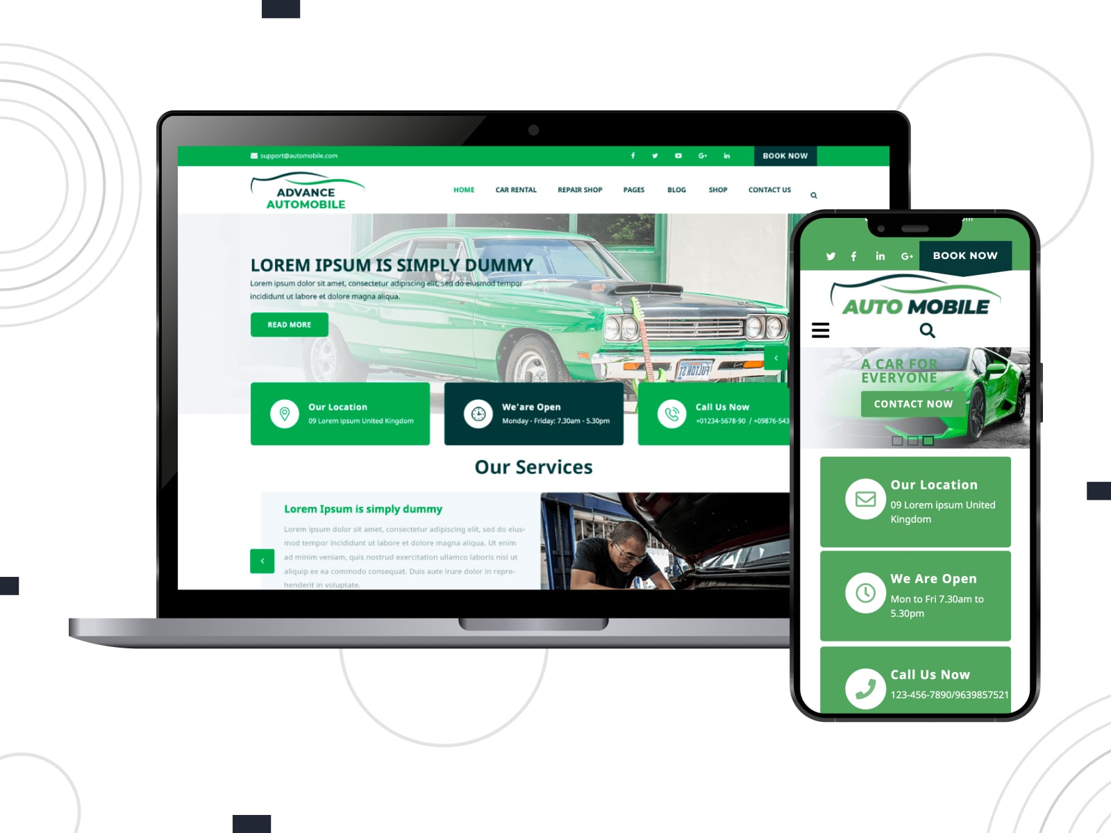 Collage of the Advance Automobile free WordPress repair theme demo site in white, green and black colors.