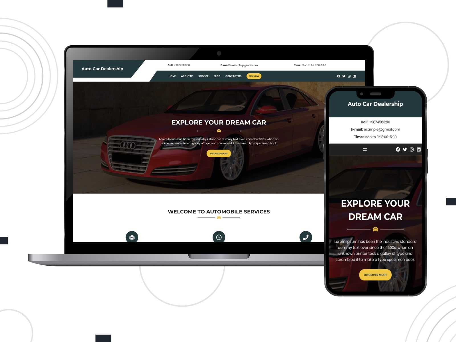 Collage of the Auto Car Dealership free theme for WordPress repair shop sites on mobile and desktop screens.