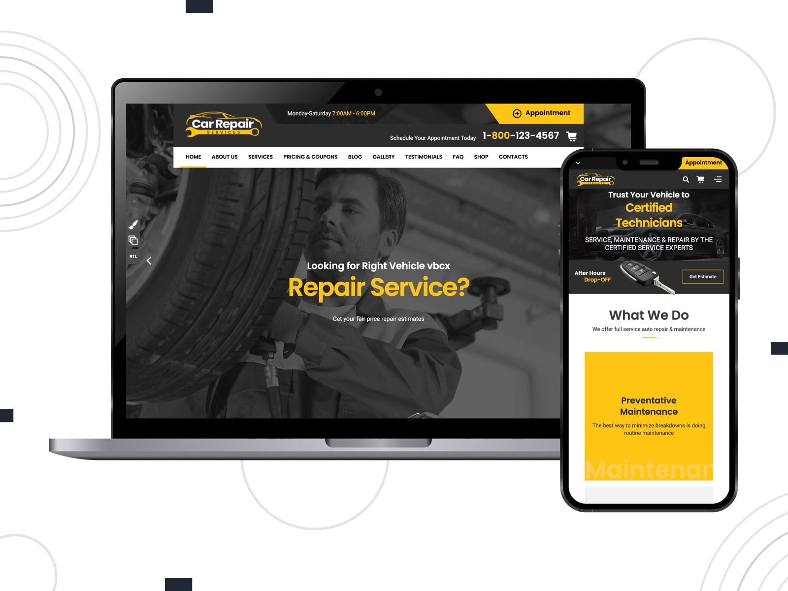 Collage of the Auto Car Repair WordPress theme demo page in black, yellow and white colors.