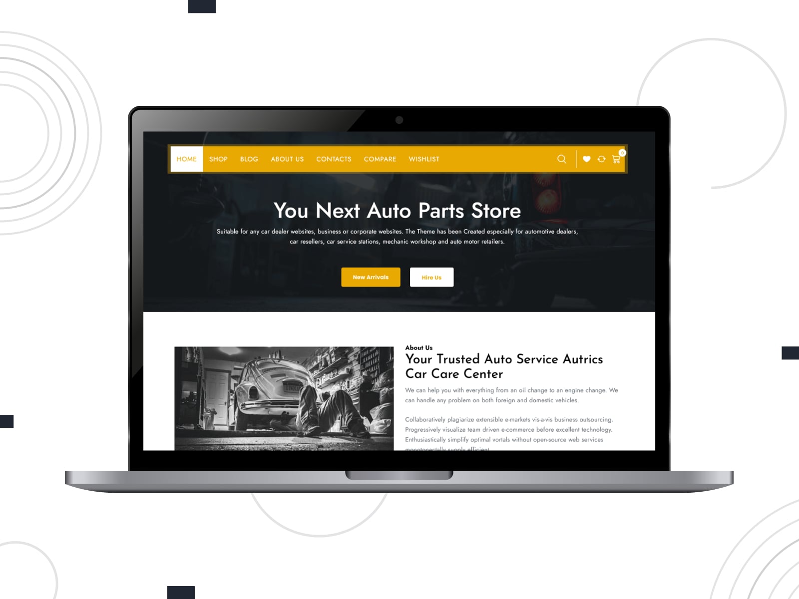 Collage of the Auto Parts Store free WordPress theme demo in yellow, black and white colors on desktop and mobile screens.