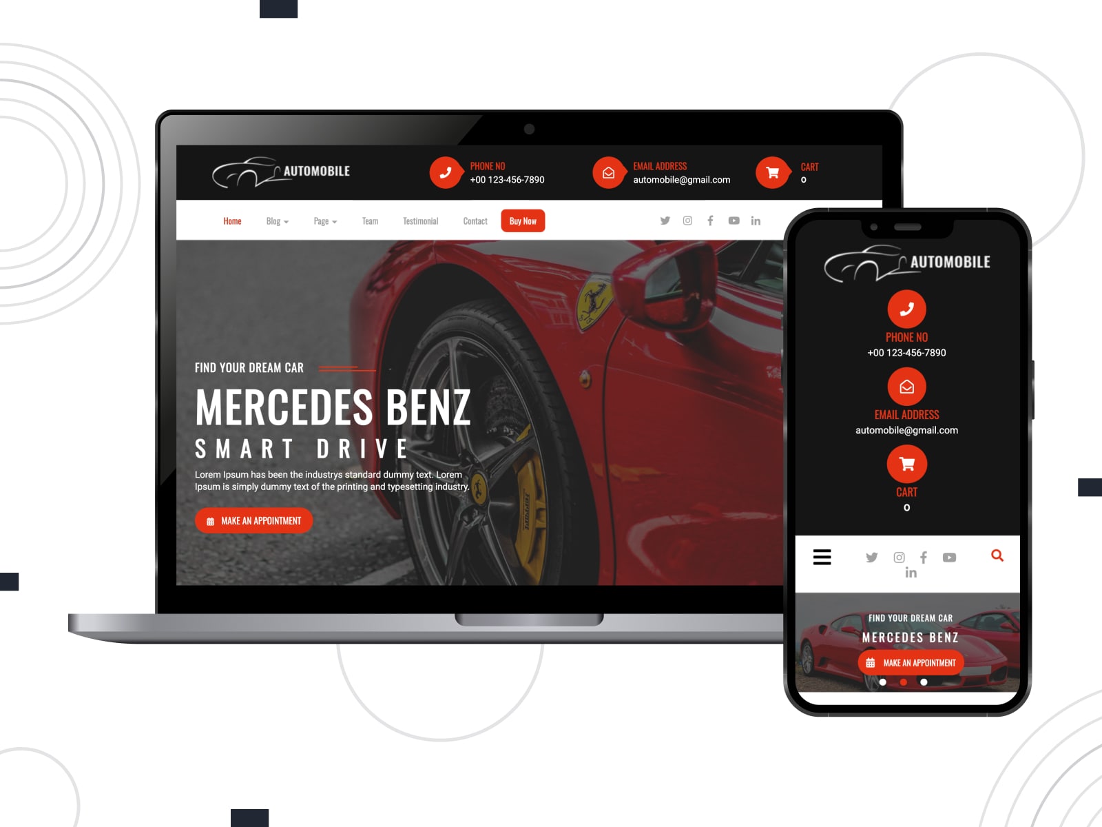Collage of the Automobile Hub free WordPress theme demo page in red, black and white colors.