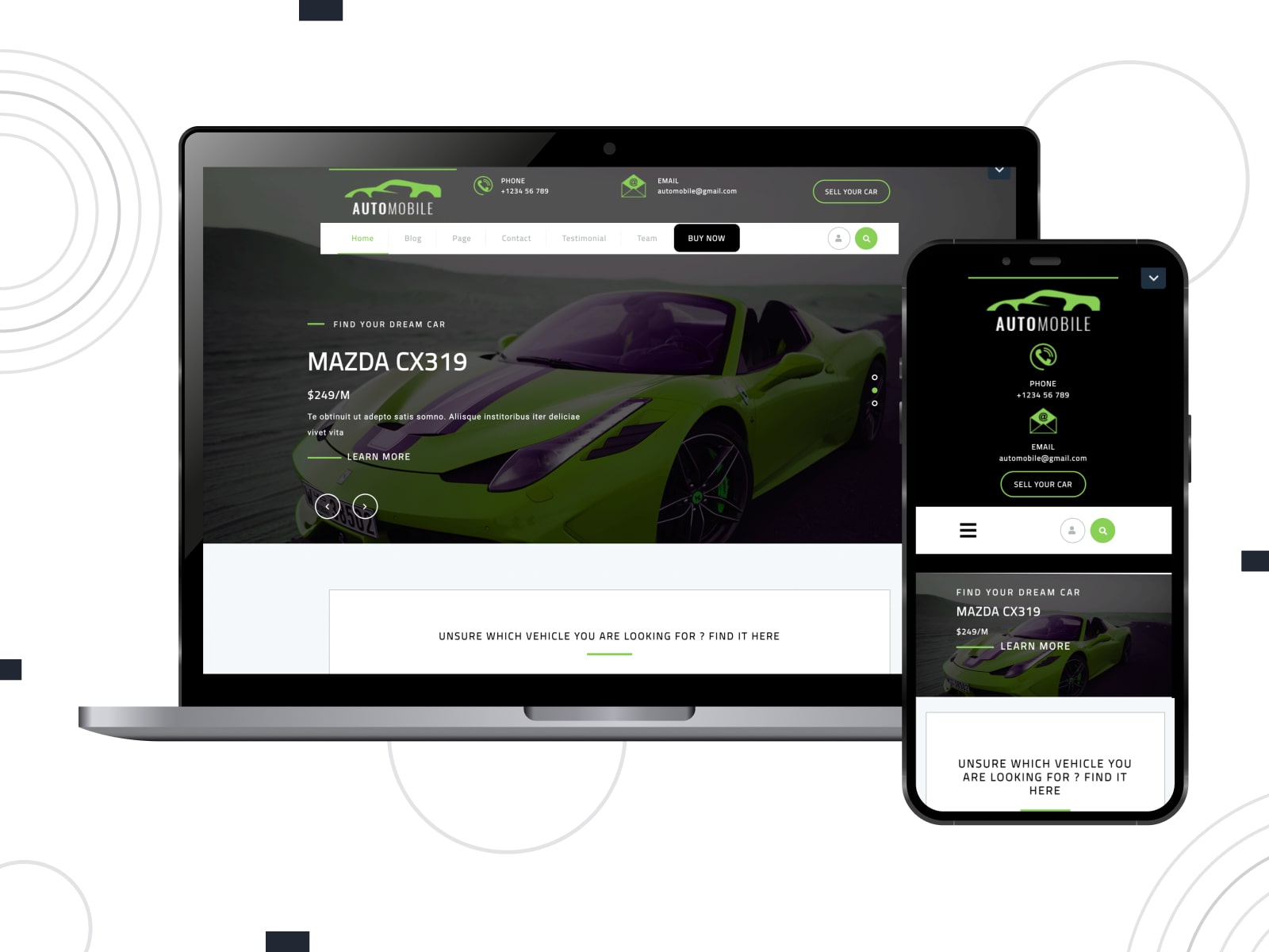 Collage of the Automotive Centre free theme for WordPress auto repair sites in black, green and white colors on mobile and desktop screens.