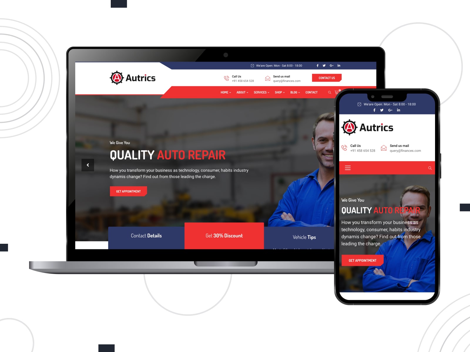 Collage of the Autrics car repair WordPress theme demo page in blue, red and white colors.