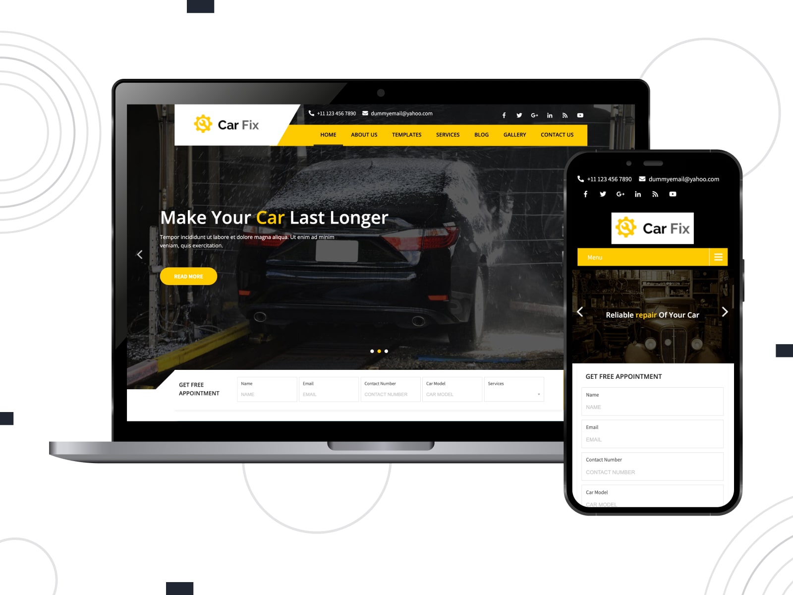 Collage of the Car Fix Lite car repair WordPress theme for free websites in black, yellow and white colors.