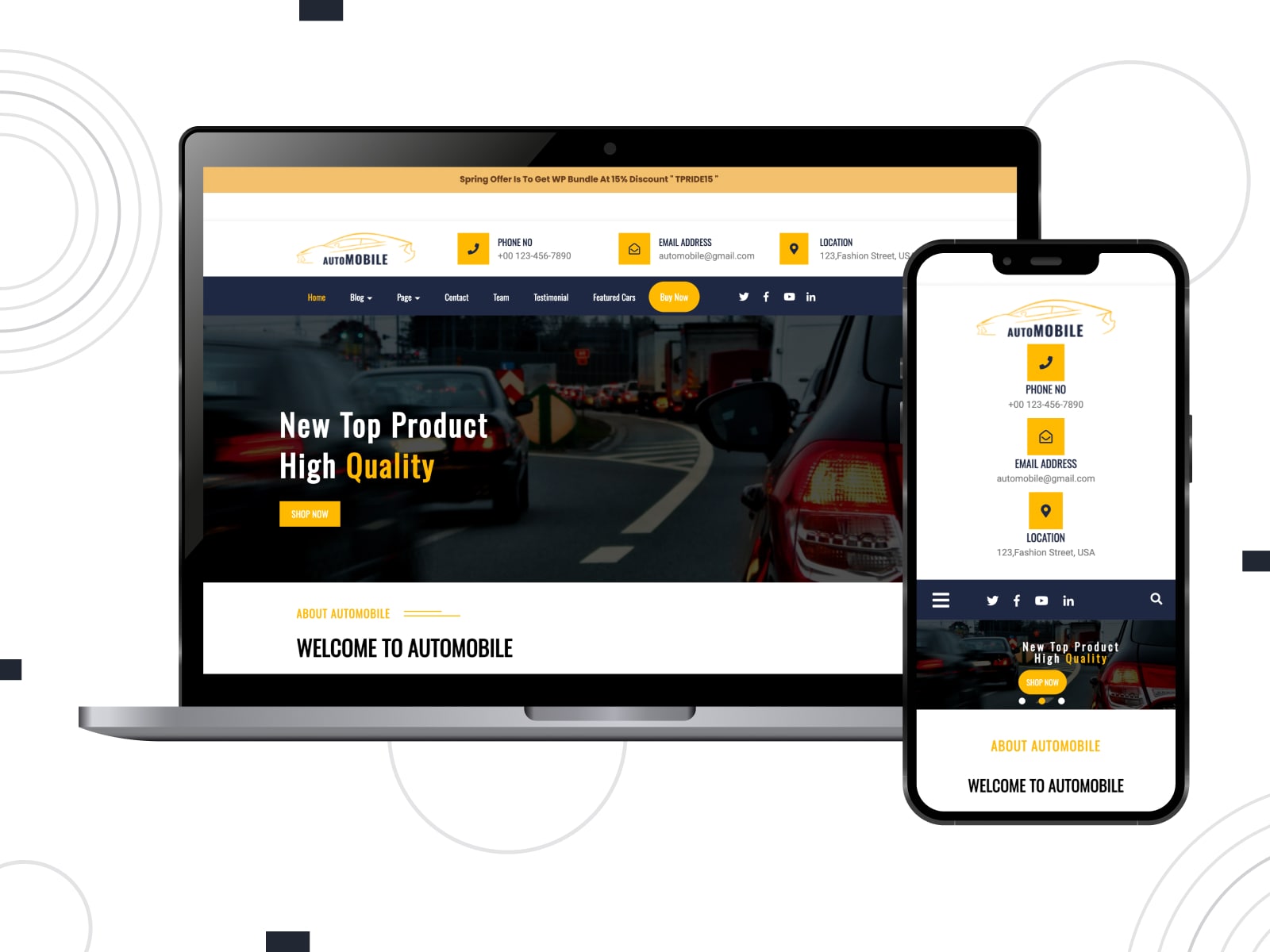 Collage of the Car Mechanic free WordPress theme on mobile and desktop screens in black, yellow and white colors.