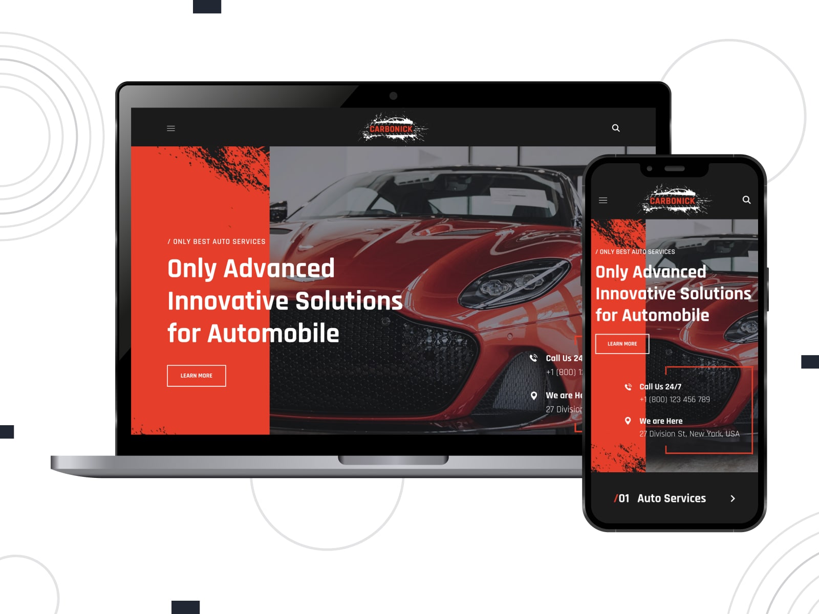 Collage of the Carbonick theme for WordPress automotive repair websites in black and red colors on mobile and desktop screens.