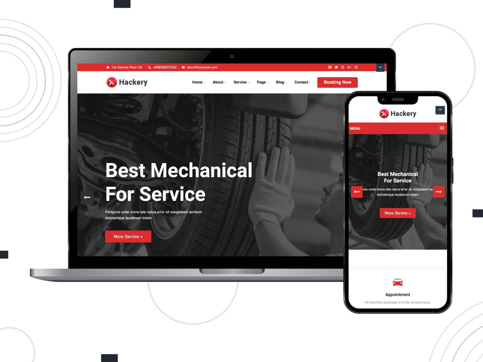 Collage of the Hackery automobile repair WordPress template in black, red and white colors on desktop and mobile screen variants.