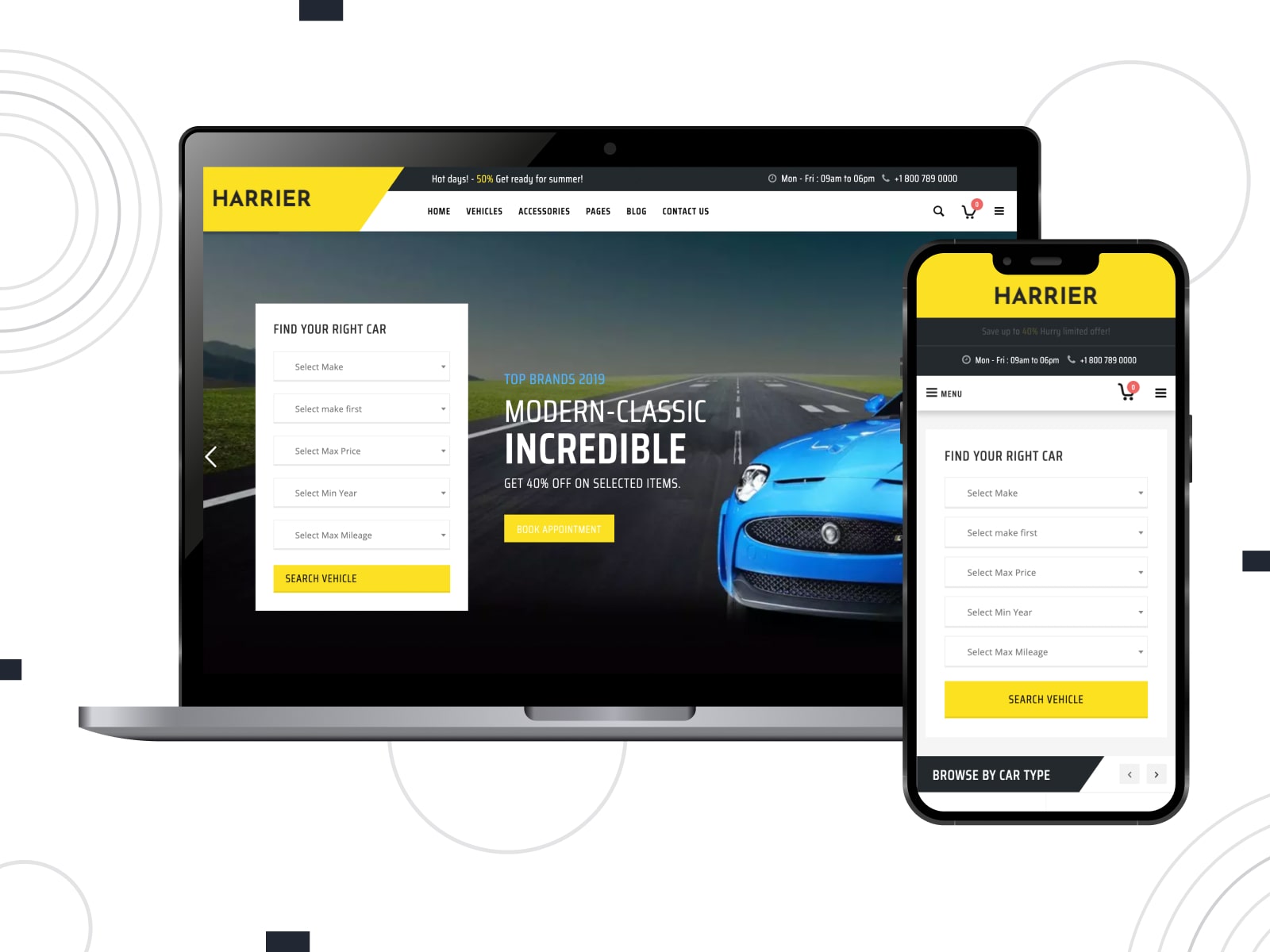 Collage of the Harrier theme demo for car repair shop sites in black, yellow and white colors. 