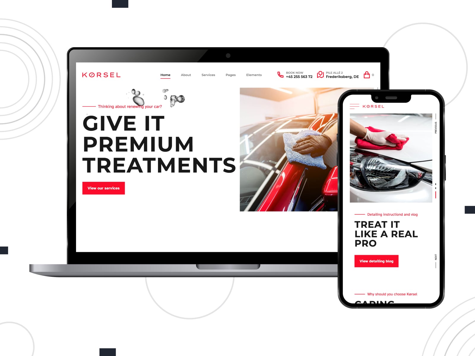 Collage of the Kørsel WordPress theme template for auto repair sites in white, black and red colors.