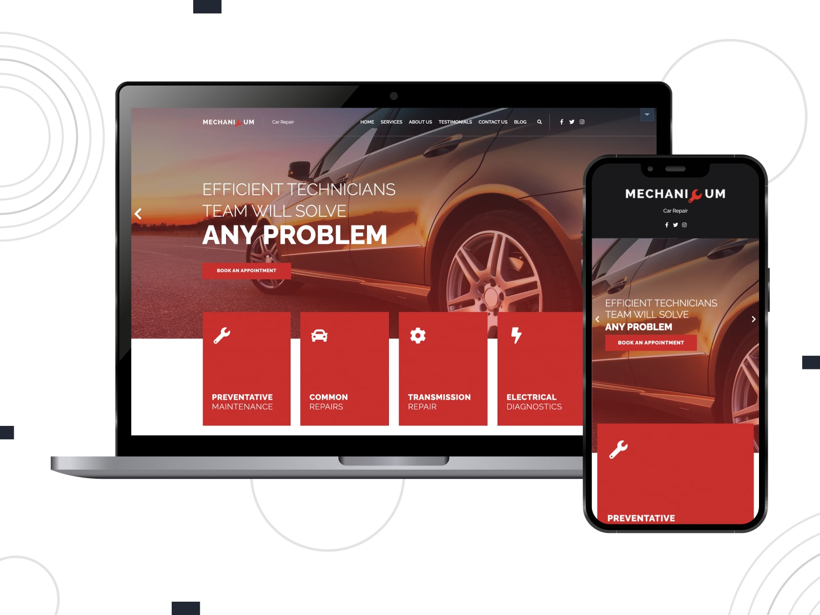Collage of the Mechanicum theme for car repair WordPress websites in red, black and white colors.