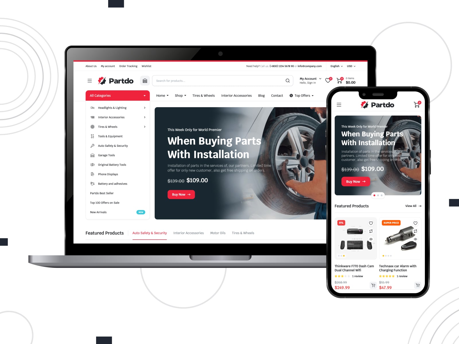 Collage of the Partdo car repair shop WordPress theme demo in gray, white and red colors.