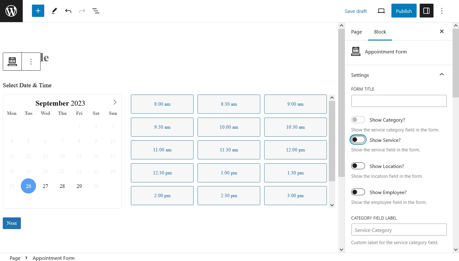 All booking form fields disabled with toggles.