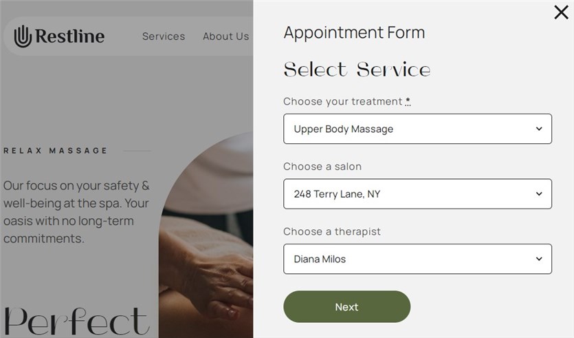 Screenshot of the Restline appointment request form for massage therapists in gray and white colors.