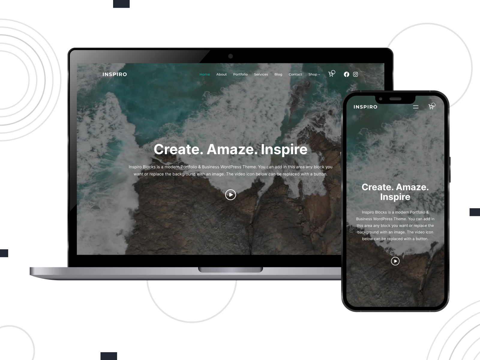 Graphic of Inspiro Blocks, a modern & customizable theme for videographers with eCommerce-ready Shop pages in black, mediumturquoise, and white shade combination.