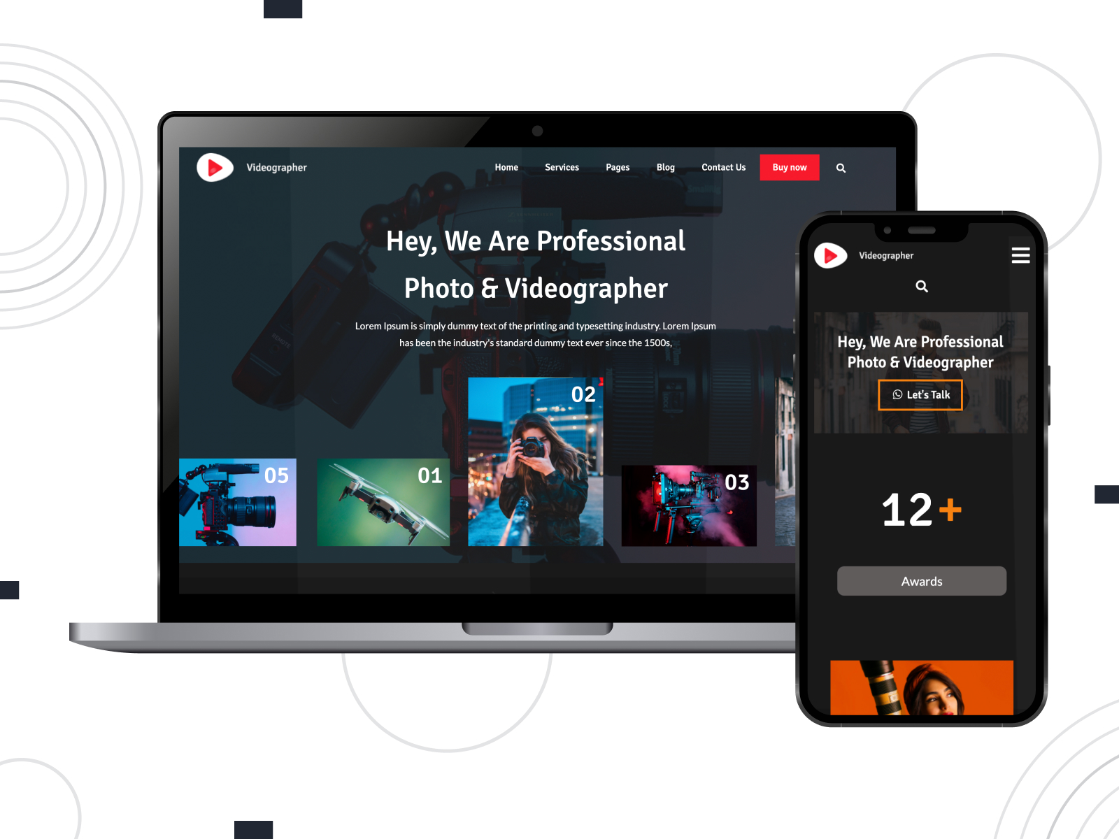 Visual of Videography Filmmaker, a responsive & user-friendly theme for videographers with a full-width slider section for videos in white, lightslategray, and black spectrum arrangement.