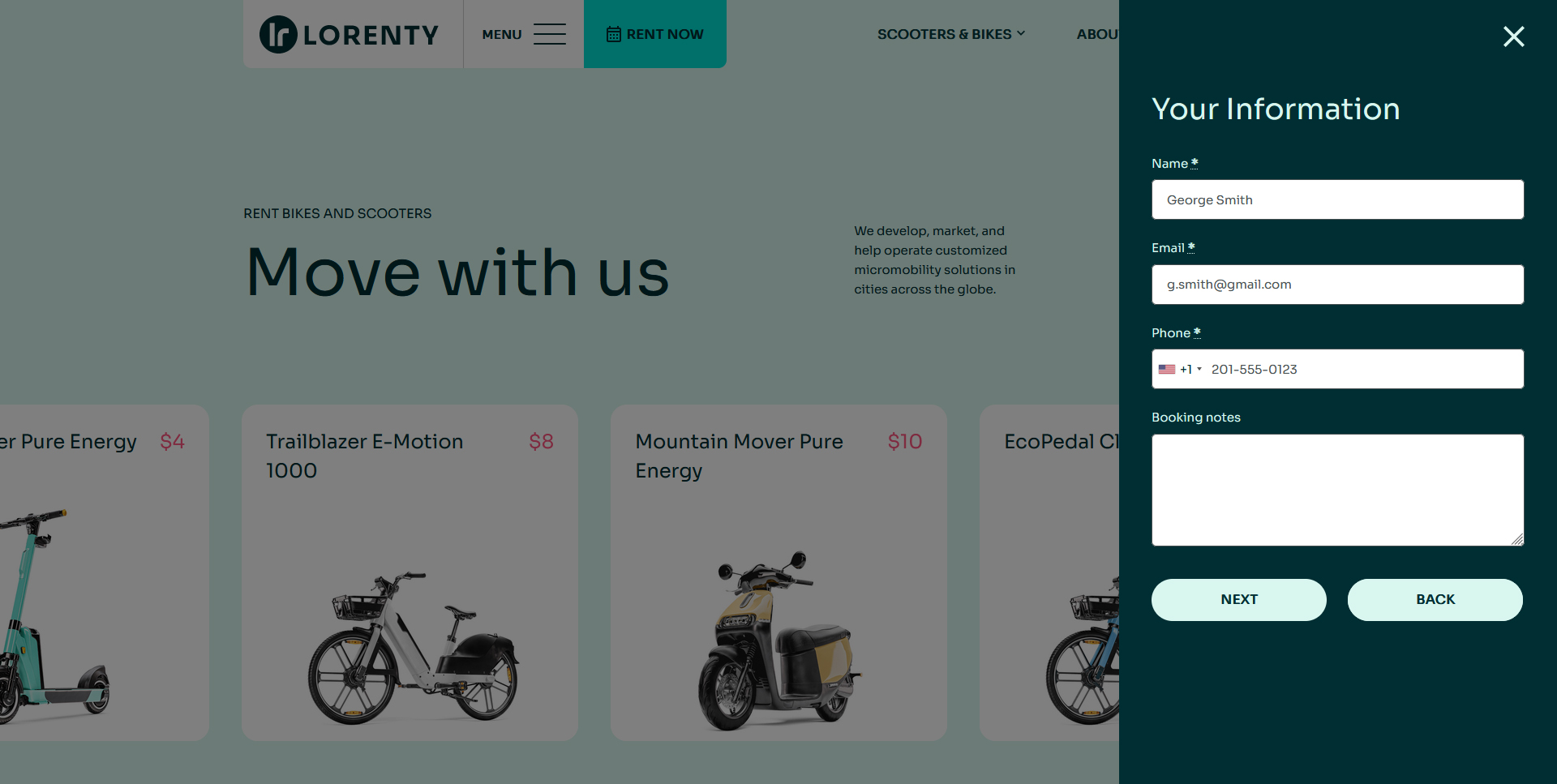 The third step of ordering a bike and entering the client data with the help of the Lorenty bike theme for WordPress.