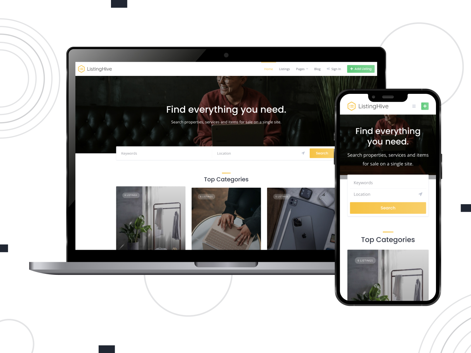 Picture of ListingHive, a free & responsive theme for real estate with custom listing fields in white, gray, and gold color gradation.