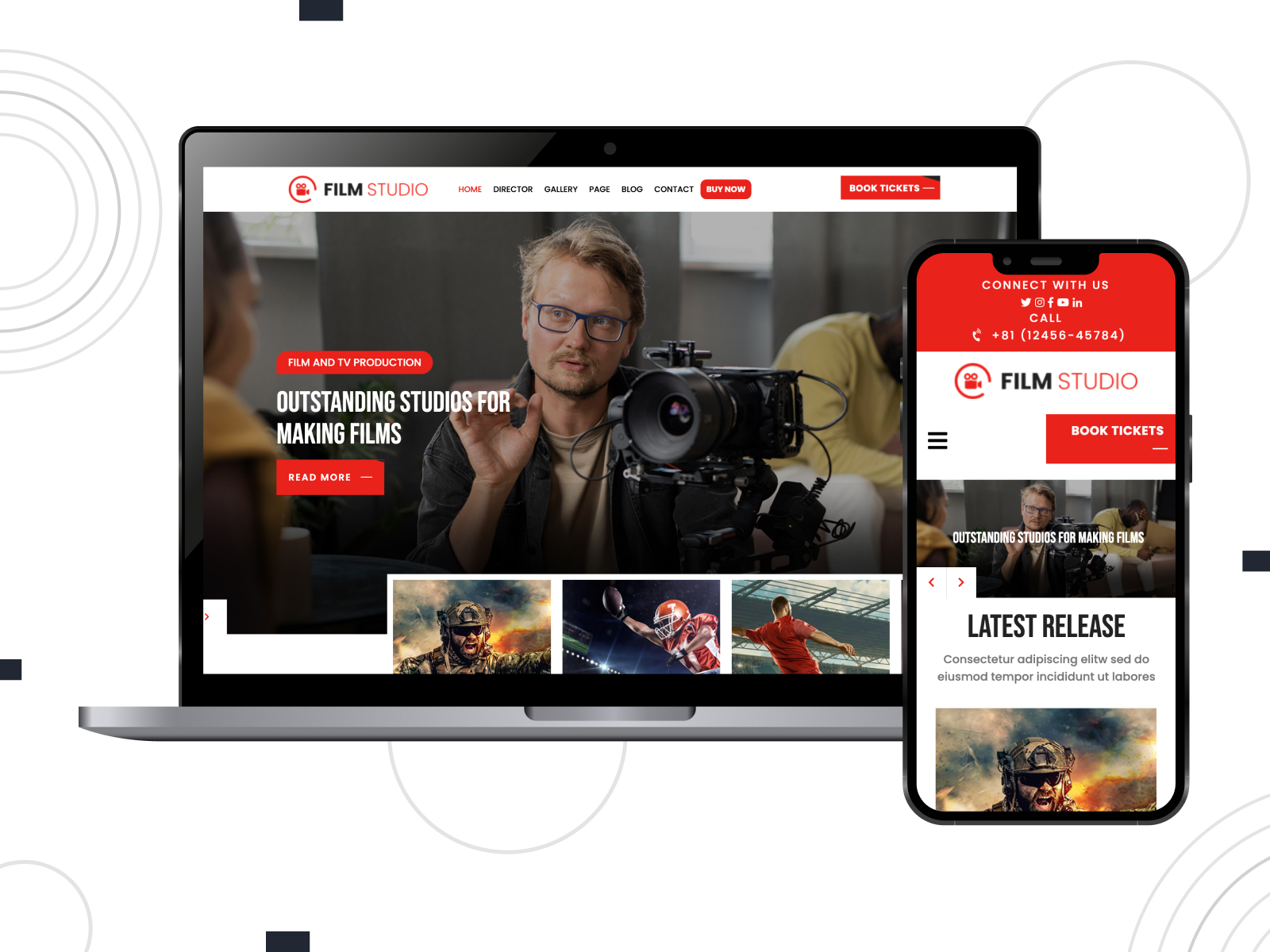 Figure of Film Maker Lite, a creative & easy-to-use theme for videographers with blog pages with left & right sidebars in black, white, and red palette.