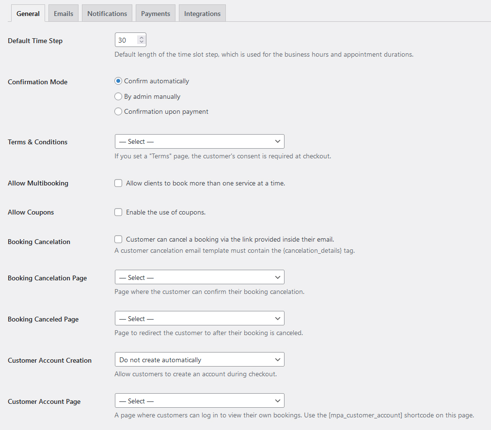 Depiction of the general settings tab offered by the Appointment Booking plugin bike rental software.