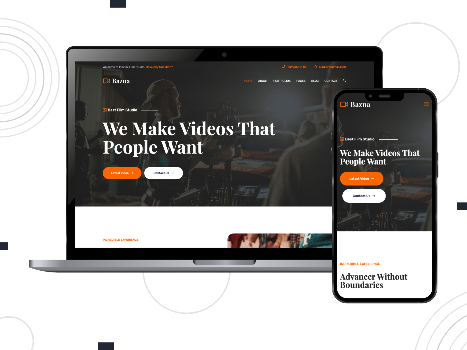 Snapshot of Bazna, an interactive & responsive theme for videographers with gallery & testimonials homepage sections in orange, white, and gainsboro pigment scheme.