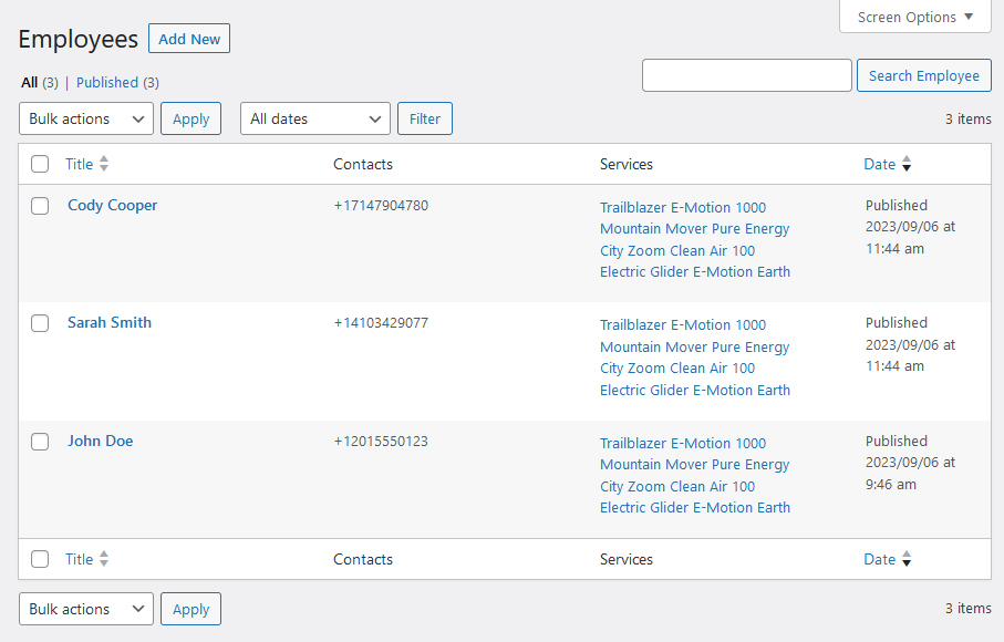 Photo of the employee list in the WordPress dashboard of Lorenty theme created with bike rental software.