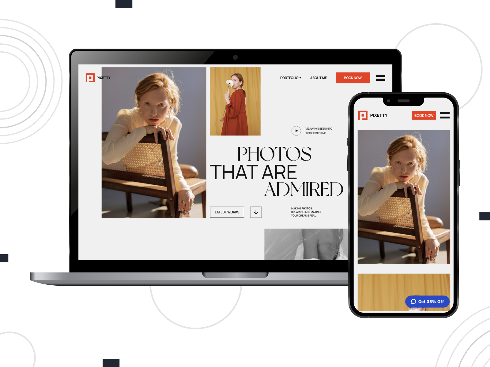 View of Pixetti, a minimalist & feature-rich theme for videographers with tailor-made inner pages for various needs in coral, white, and black color configuration.