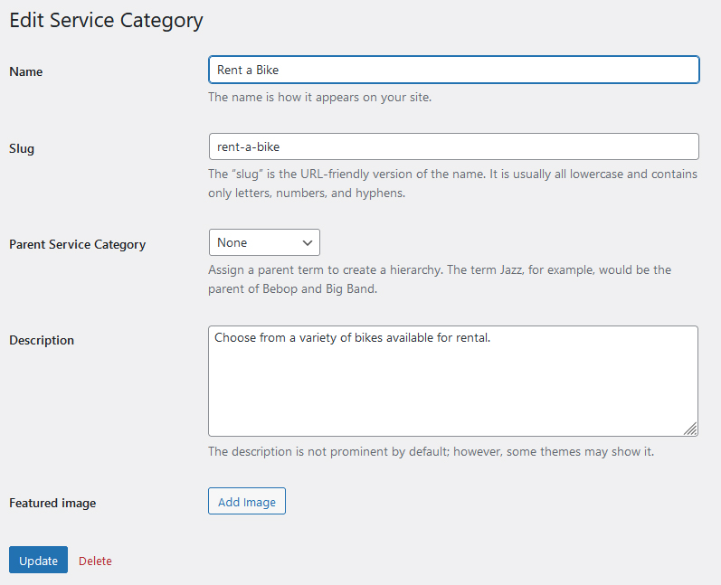 Rendering of Service Category settings available via bike rental software.