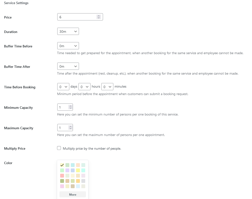 Image of diverse service settings that can be changed using the Appointment Booking plugin for WordPress.