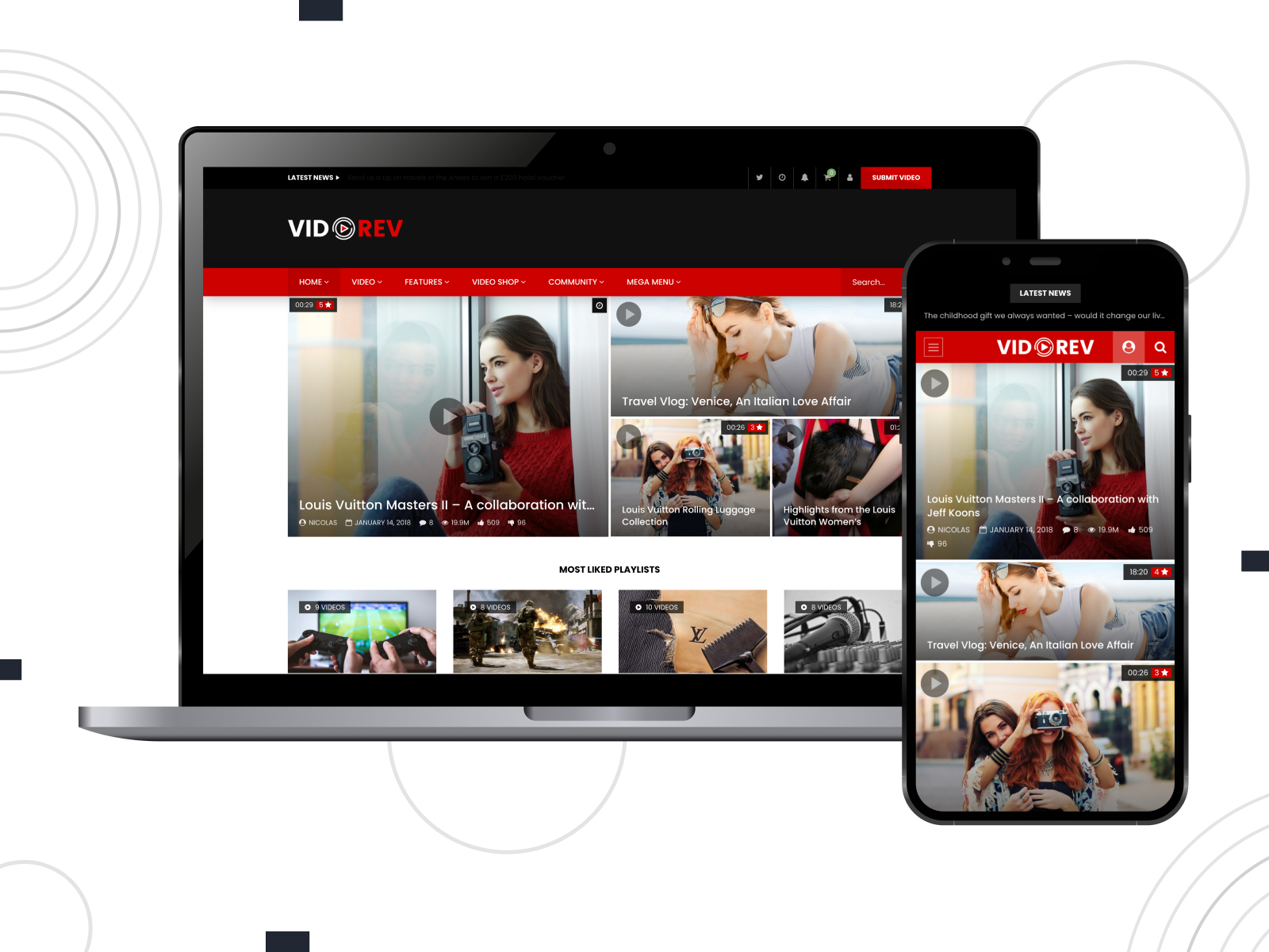 Photograph of VidoRev, a user-oriented & SEO-friendly theme for videographers with video preview on hover in red, black, and white tonal scheme.