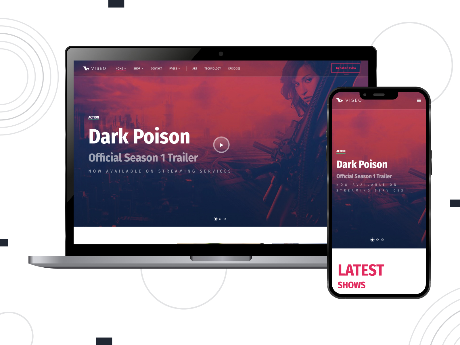 Graphic of Viseo, a sleek & modern theme for videographers with a responsive & retina-ready design in crimson, white, and cyan hue arrangement.