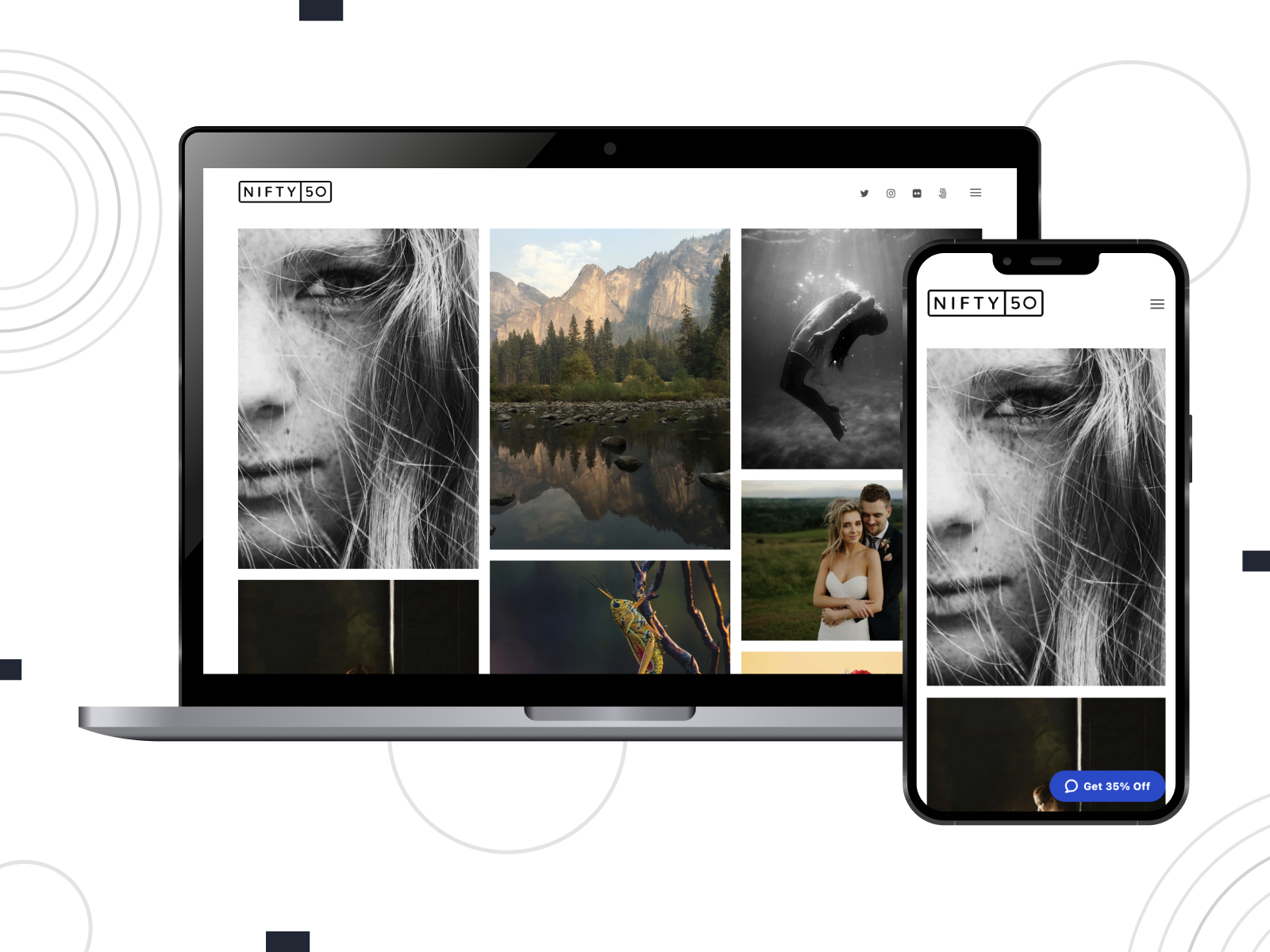 Representation of Niftyfifty, a responsive & professional theme for videographers with password protection of your content in black, white, and slategray spectrum arrangement.