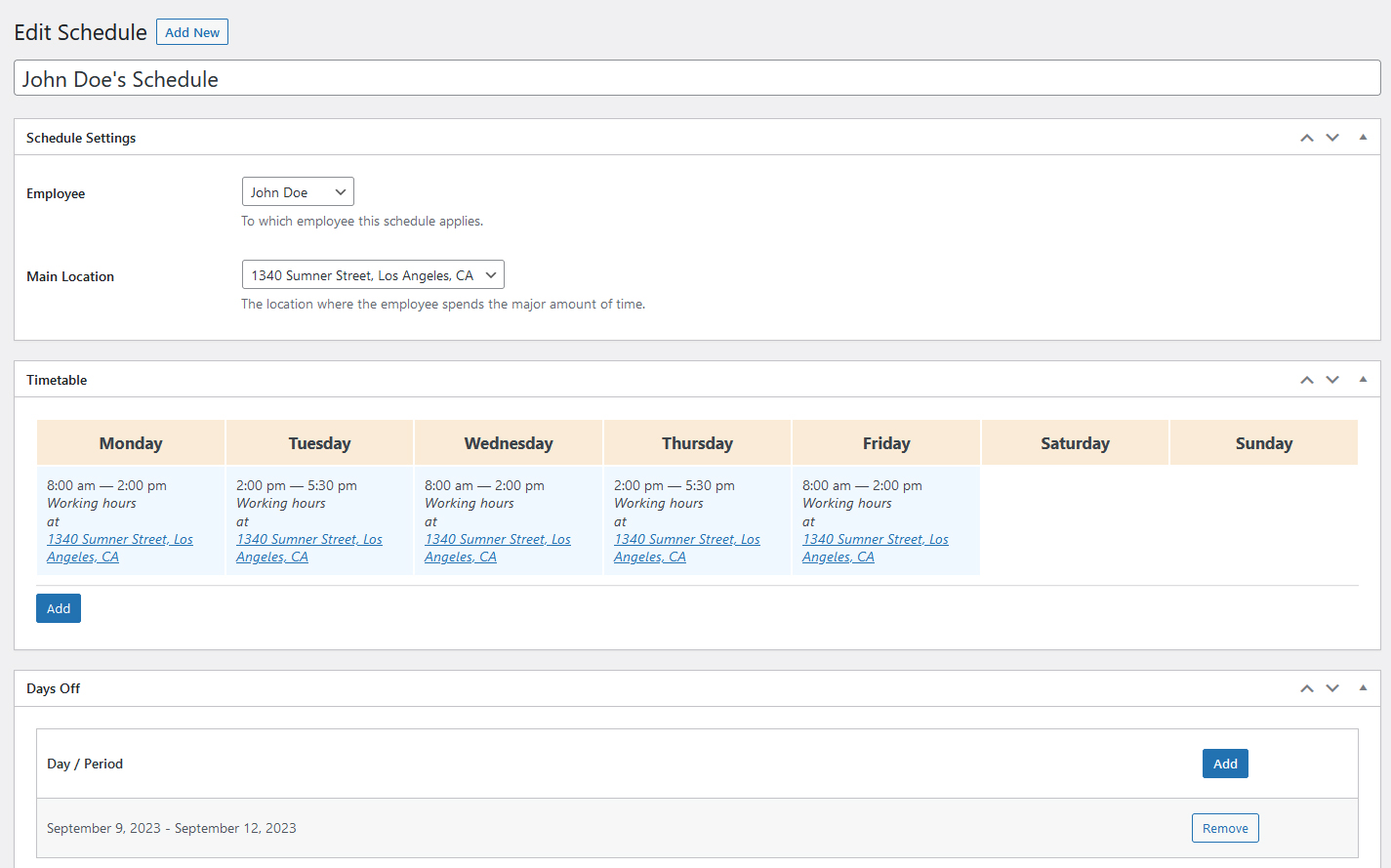 Editing the employee schedule using the built-in tools of the Lorenty bike theme.