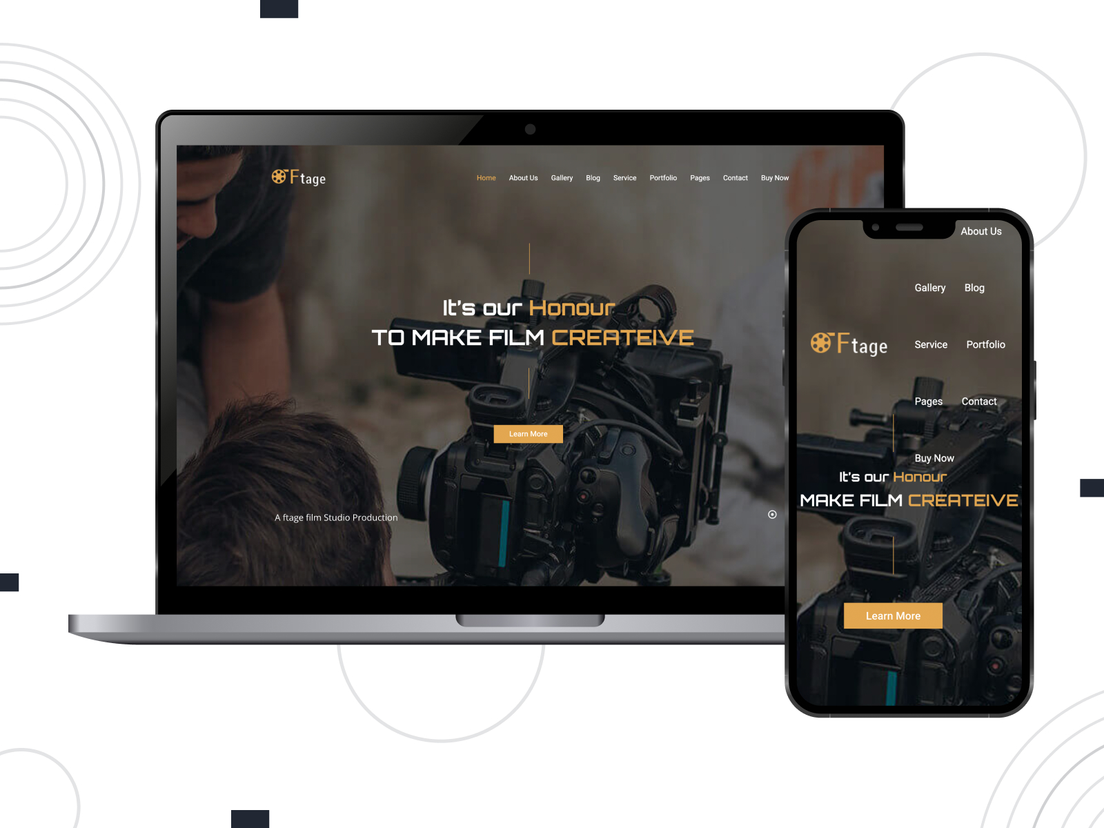 Visual of Ftage, a top-notch & mobile-friendly theme for videographers with WPML-ready & SEO-friendly pages in gold, white, and black pigment scheme.