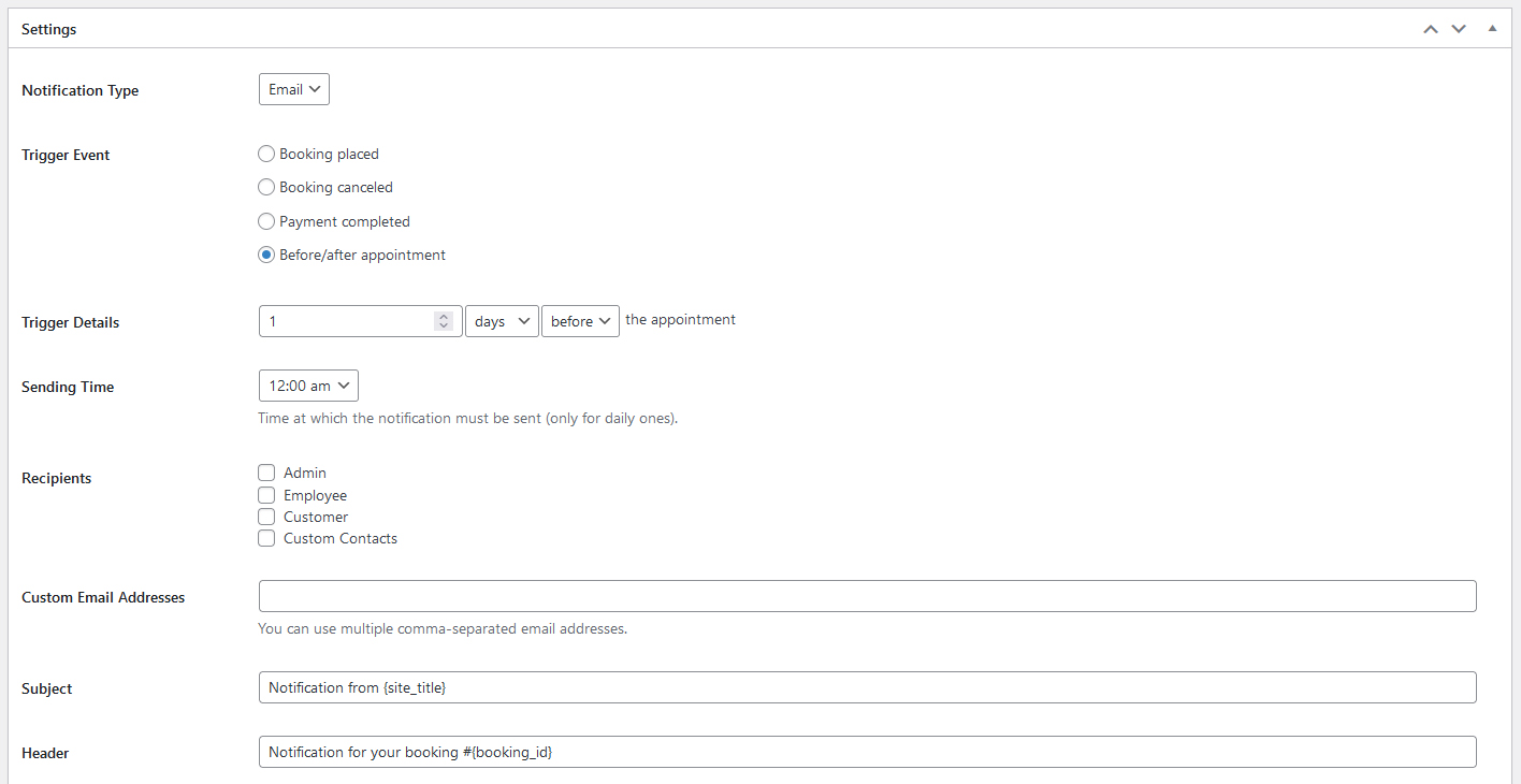 Illustration of notification settings accessible through the Appointment Booking plugin.