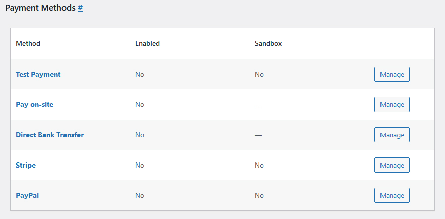 Shot of payment methods included with the bike rental software and integrated into the Lorenty bike theme for WordPress.