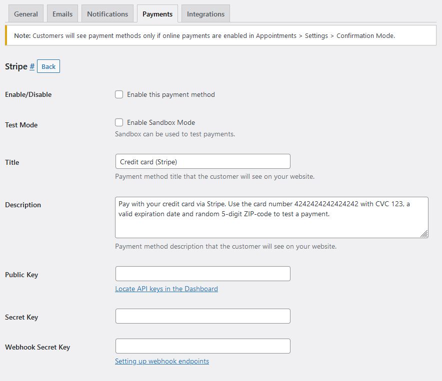 Configuring Stripe payment method using the Appointment Booking plugin by MotoPress.