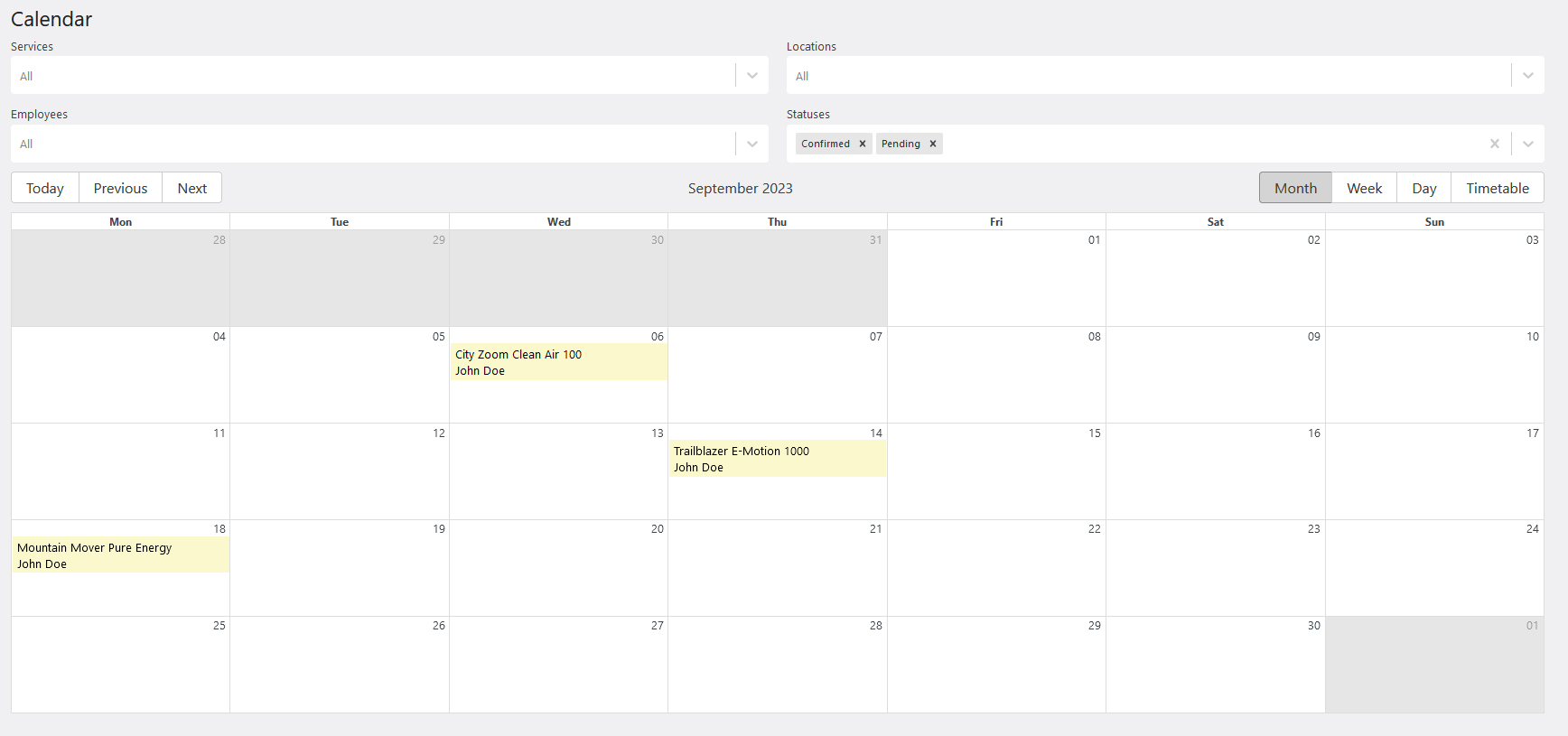 Depiction of the calendar with diverse dates, services, and employees accessible through the WordPress dashboard.