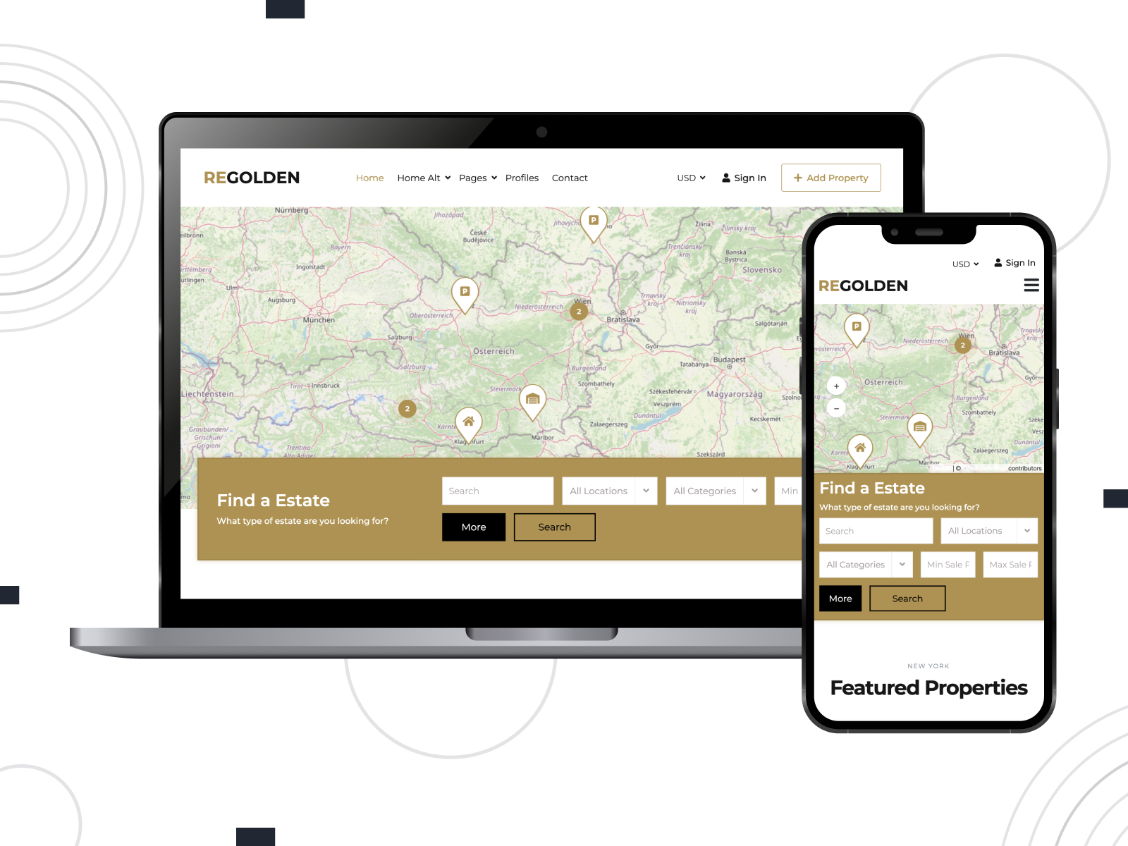 Photograph of Real Estate Golden, a free & modern WordPress theme for real estate with an easy-to-use header search form in darkgoldenrod, white, and black colorway.