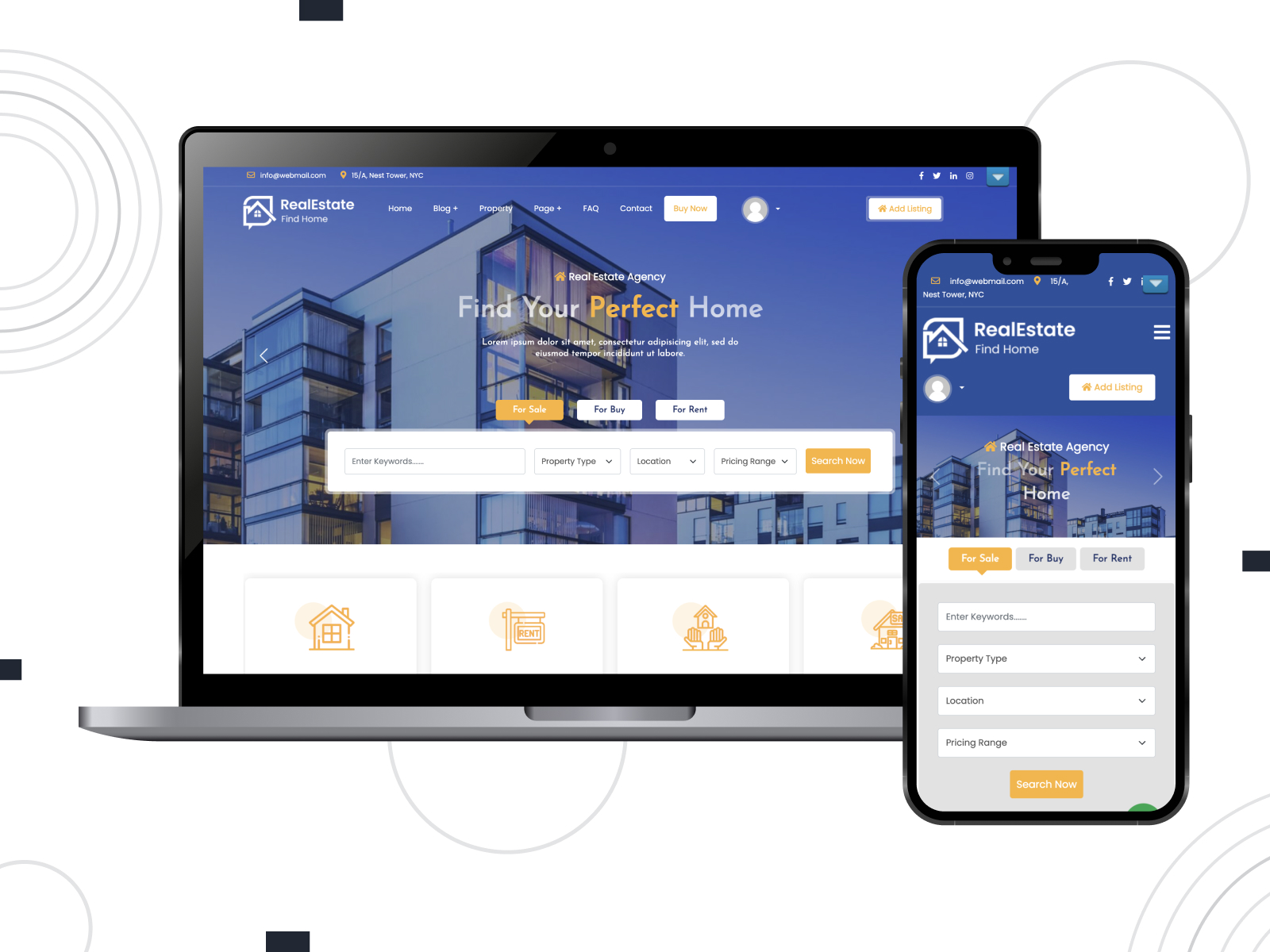 Graphic of Real Estate Realtor, a flexible & engaging theme for real estate agents with a switchable sidebar for content pages in goldenrod, white, and dimgray shade combination.