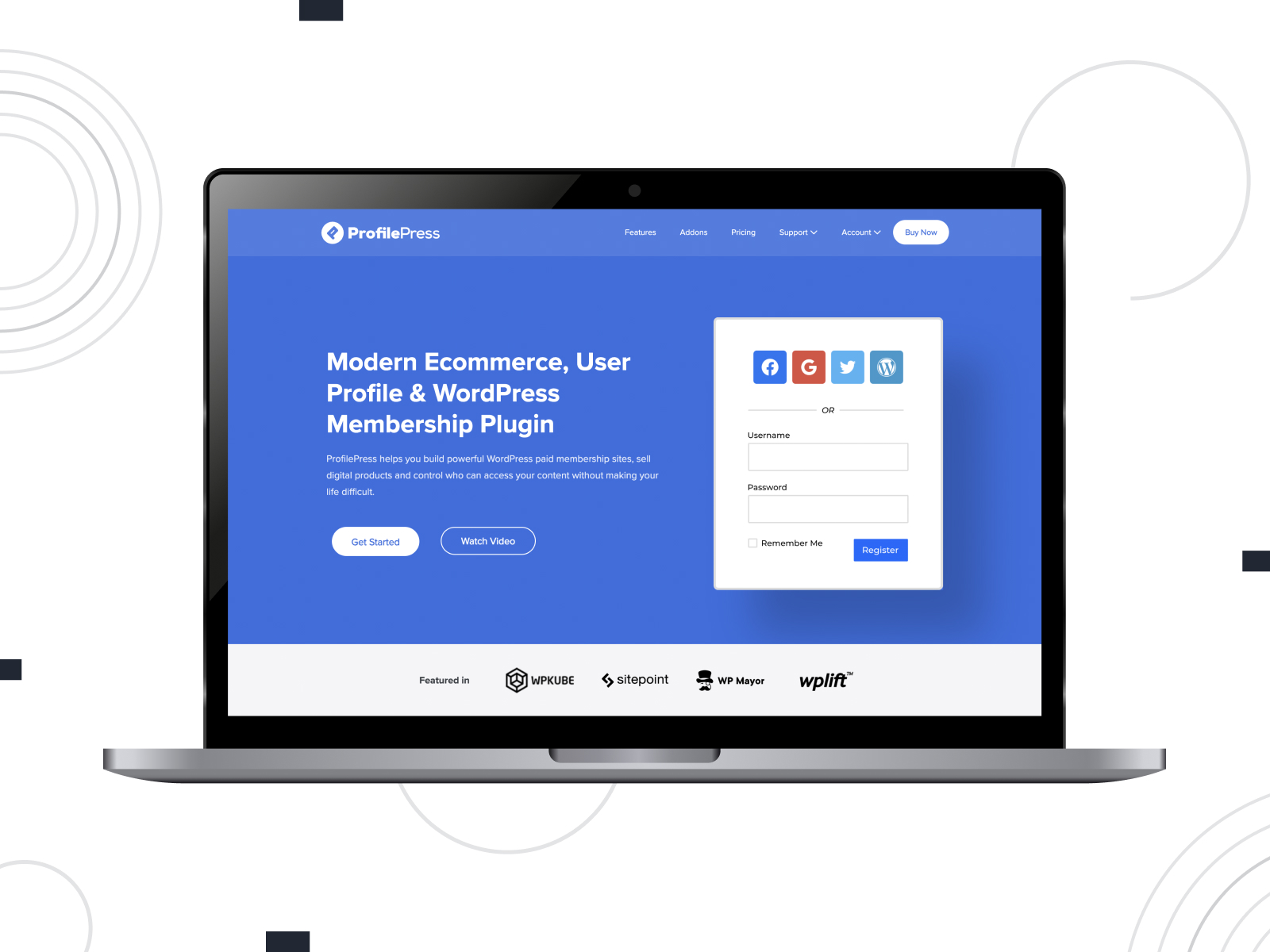 Representation of ProfilePress, a time-saving user profile plugin for WordPress with easy member management.