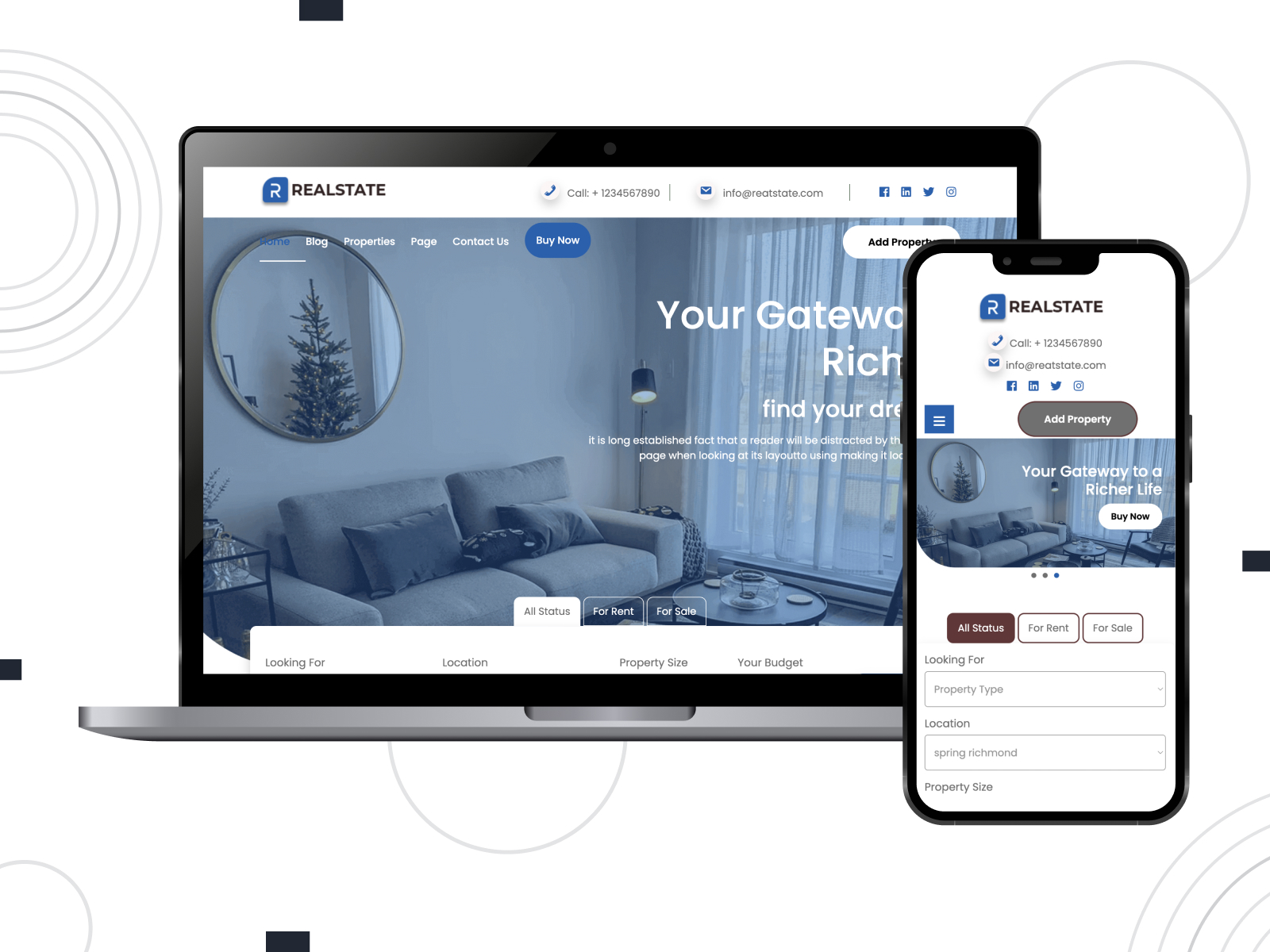 Representation of Realestate Agent, a well-designed & adaptable WordPress theme for realtors with a high-quality property section in royalblue, white, and black chromatic palette.