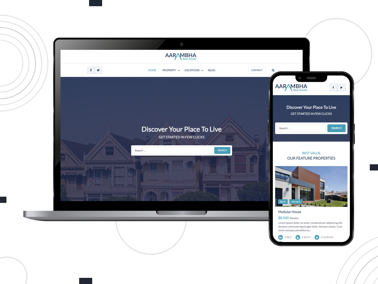 Visual of Aarambha Real Estate, a responsive & SEO-friendly theme for real estate companies with property catalogs for rent and sale in white, steelblue, and midnightblue spectrum arrangement.