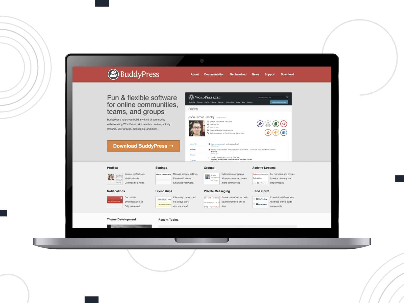 Rendering of BuddyPress, a responsive WordPress user profile plugin with extensible user groups & micro-communities.