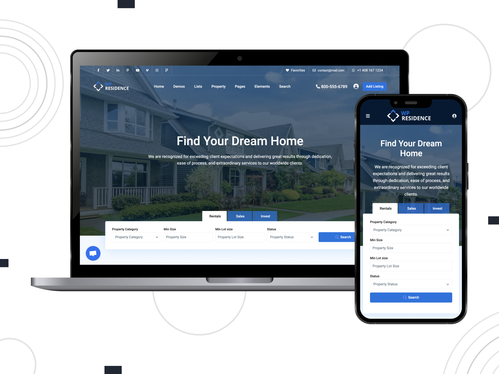 Picture of WP Residence, an innovative & customizable Elementor theme for real estate companies with easy MLS listing import in white, midnightblue, and royalblue colorway.