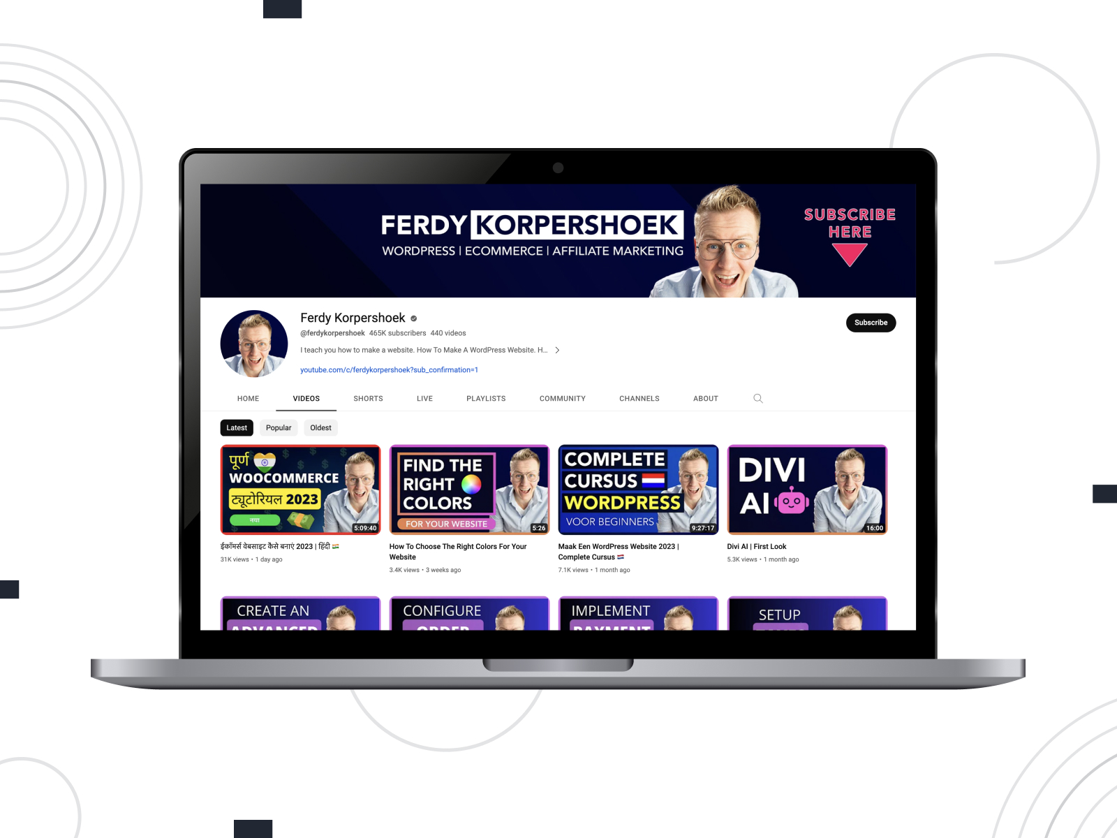 View of Ferdy Korpershoek, a channel designed to help everyone build a noticeable WordPress website with popular plugins and themes.